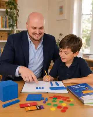 Joshua Wood working one-to-one with a primary-aged student in mathematics
