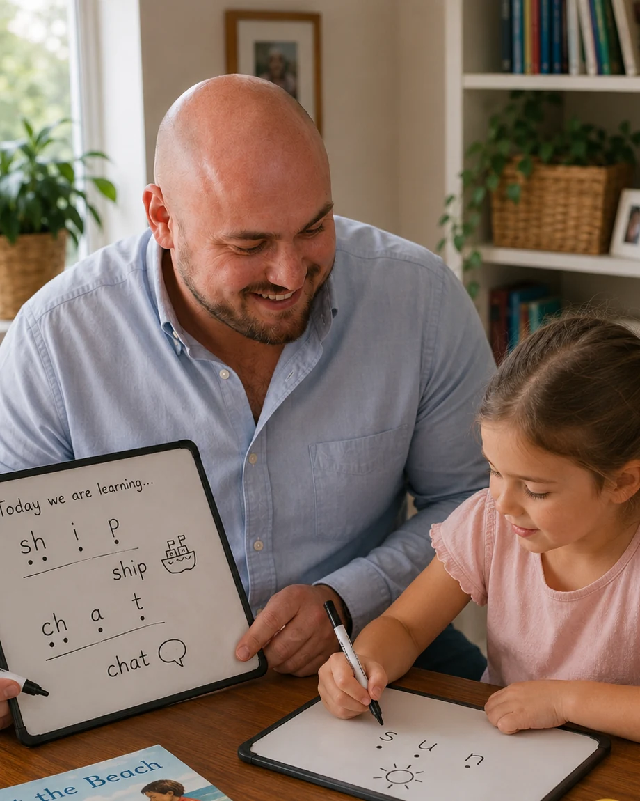 Joshua Wood working one-to-one with a Year 1 student during an engaging phonics lesson