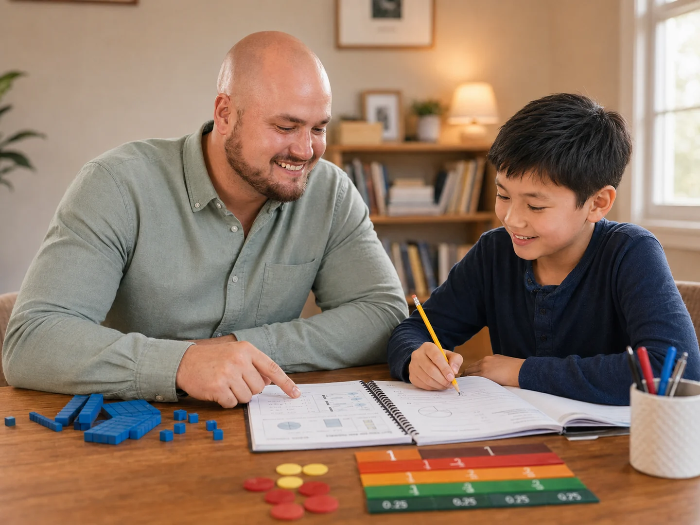 Joshua Wood working one-to-one with a primary-aged student using concrete mathematics materials